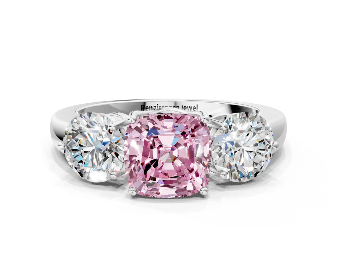 White gold Fancy Pink Cushion Cut Diamond Three-Stone Ring with Prong Setting and Classic Band_122