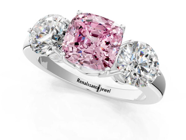 Platinum Fancy Pink Cushion Cut Diamond Three-Stone Ring with Prong Setting and Classic Band