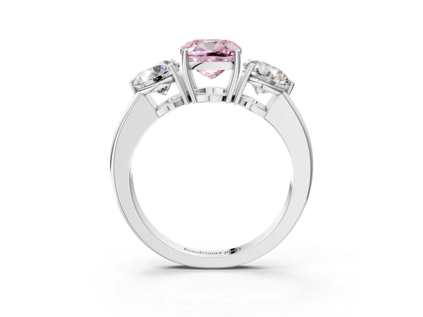 Platinum Fancy Pink Cushion Cut Diamond Three-Stone Ring with Prong Setting and Classic Band