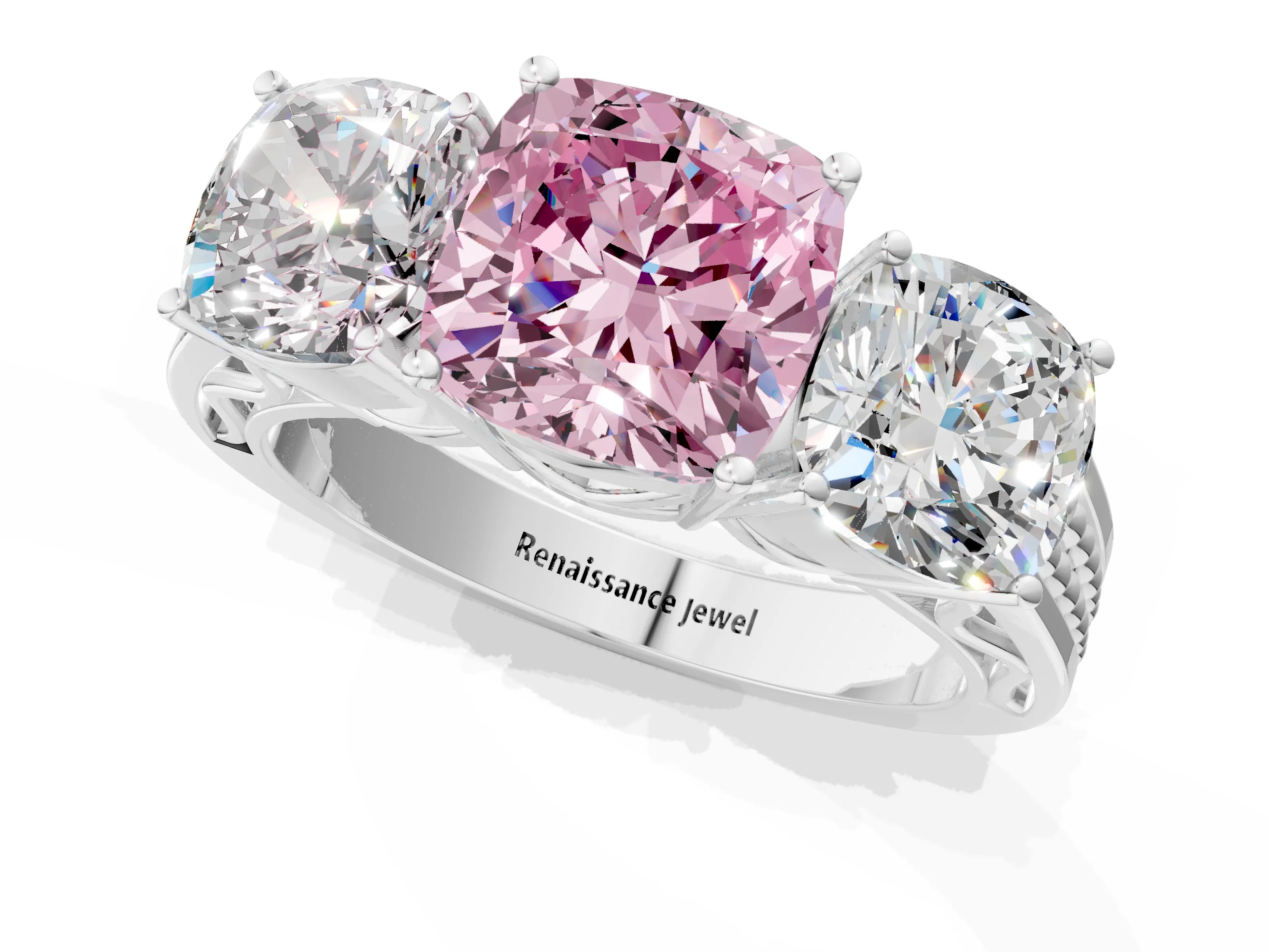 White gold Fancy Pink Cushion Cut Diamond Three-Stone Ring with Prong Setting and Textured Band_1