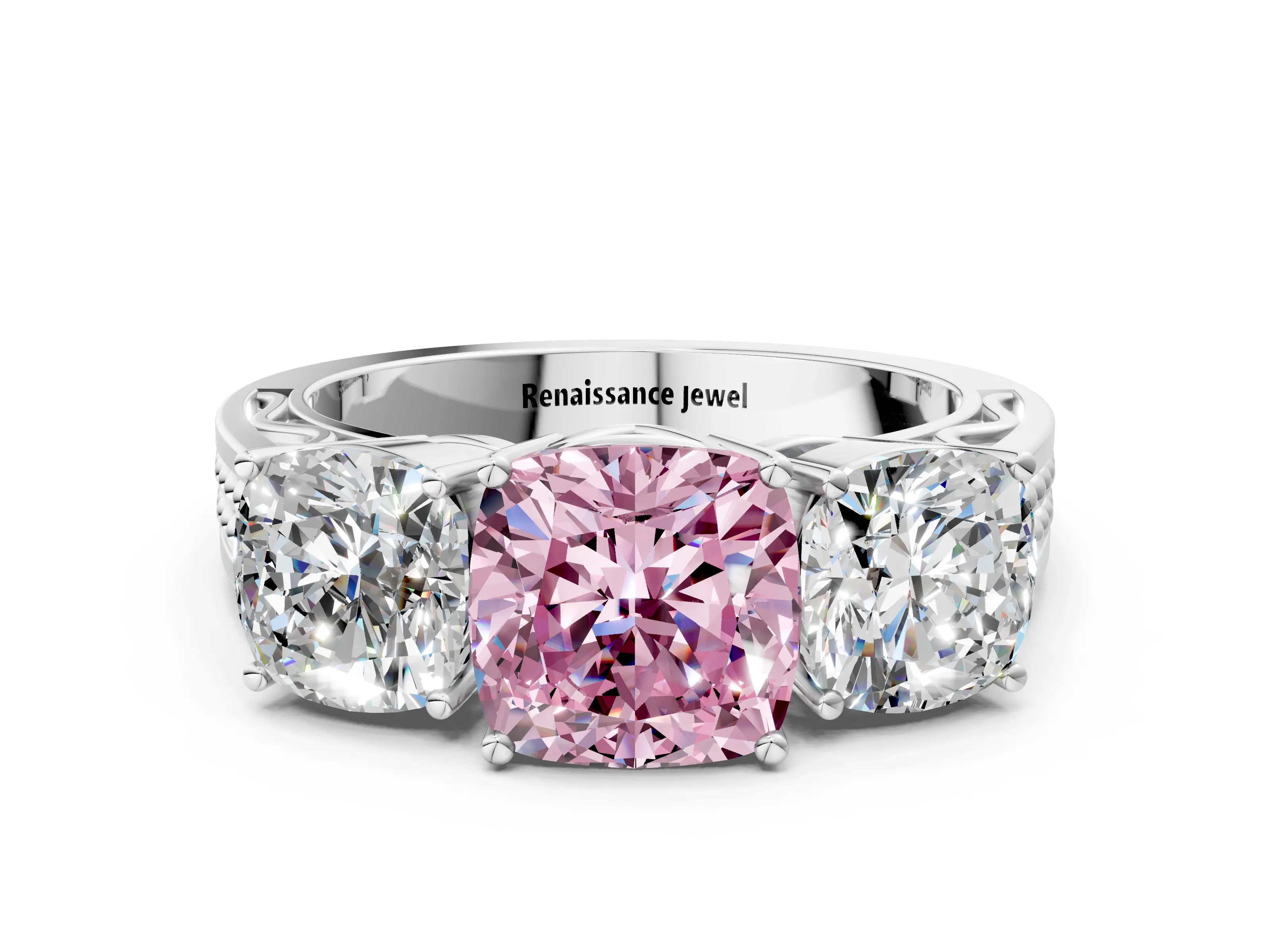 White gold Fancy Pink Cushion Cut Diamond Three-Stone Ring with Prong Setting and Textured Band_12
