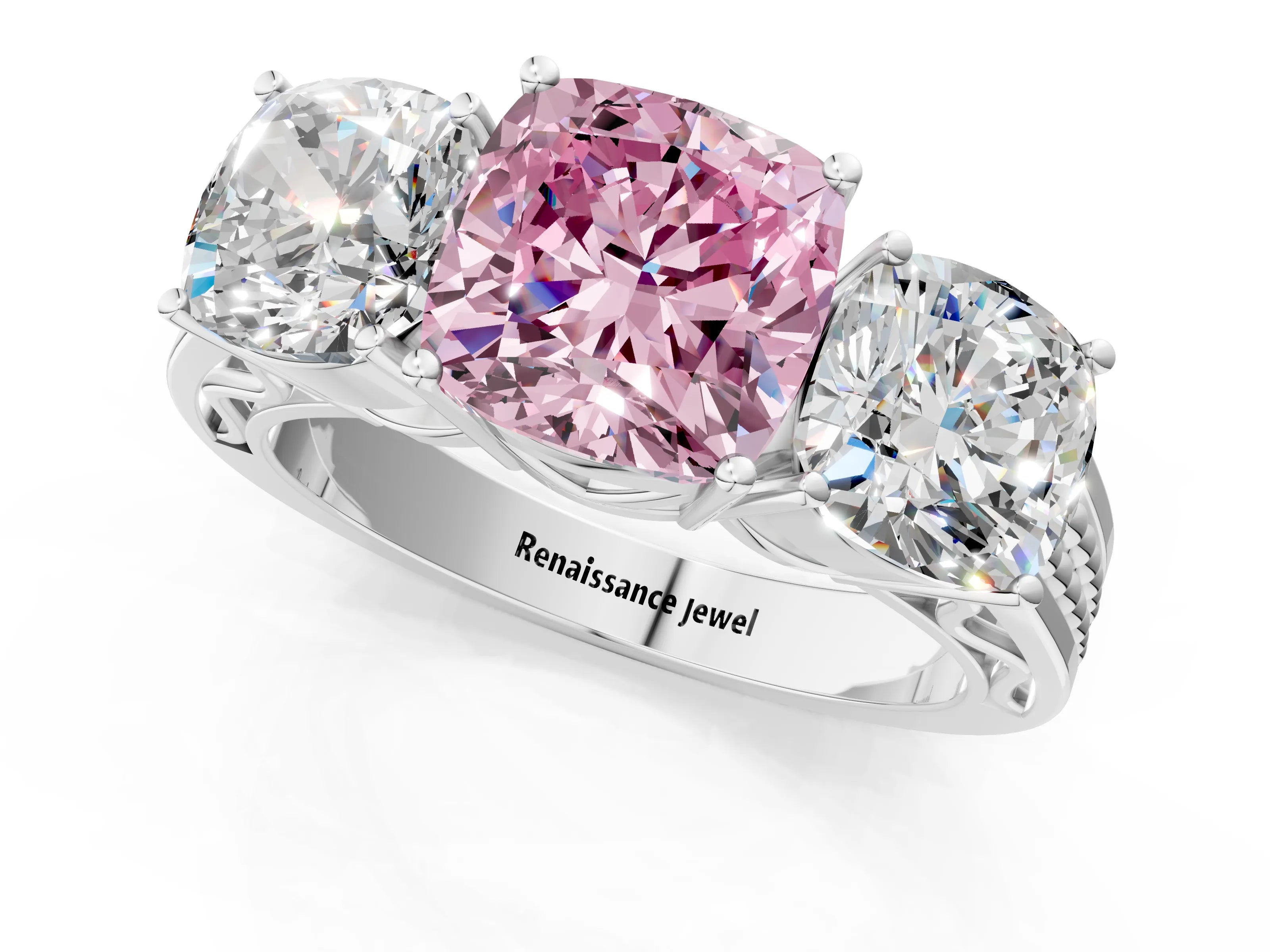 White gold Fancy Pink Cushion Cut Diamond Three-Stone Ring with Prong Setting and Textured Band_13