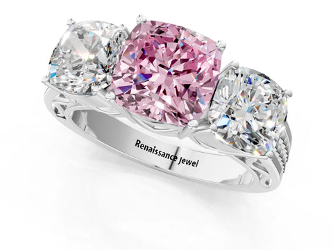 White gold Fancy Pink Cushion Cut Diamond Three-Stone Ring with Prong Setting and Textured Band_13