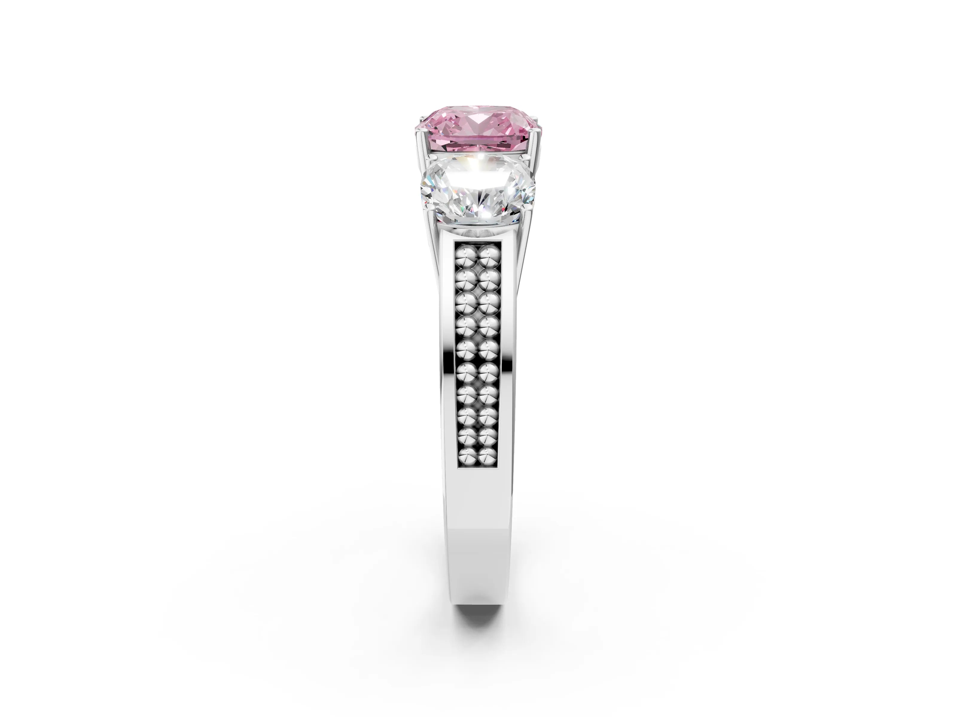 White gold Fancy Pink Cushion Cut Diamond Three-Stone Ring with Prong Setting and Textured Band_14