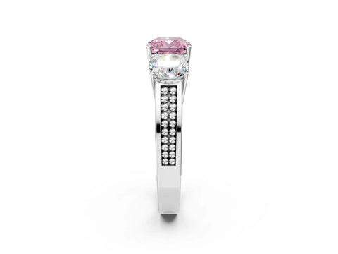 White gold Fancy Pink Cushion Cut Diamond Three-Stone Ring with Prong Setting and Textured Band_14
