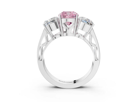 White gold Fancy Pink Cushion Cut Diamond Three-Stone Ring with Prong Setting and Textured Band_15
