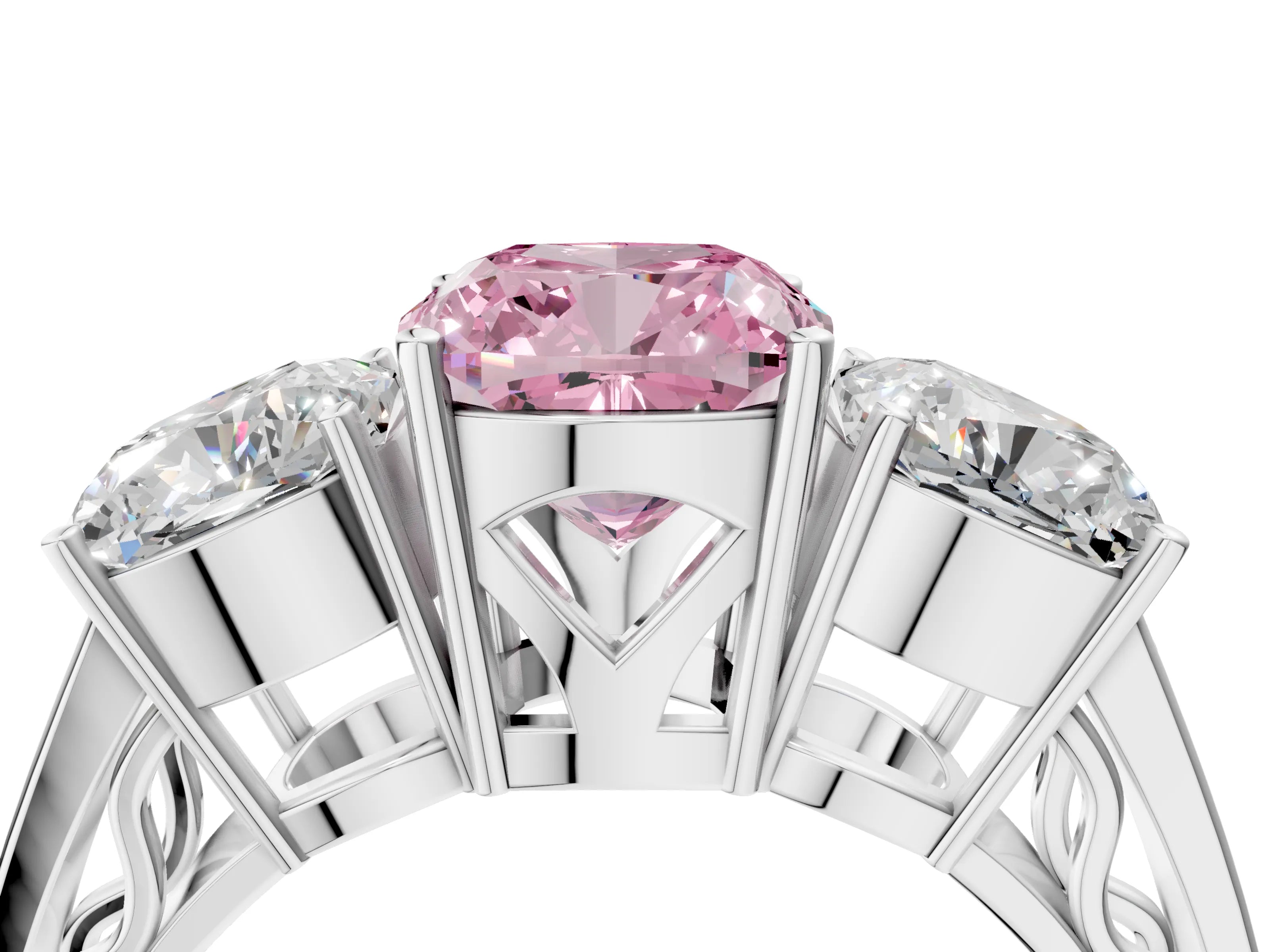 White gold Fancy Pink Cushion Cut Diamond Three-Stone Ring with Prong Setting and Textured Band_16