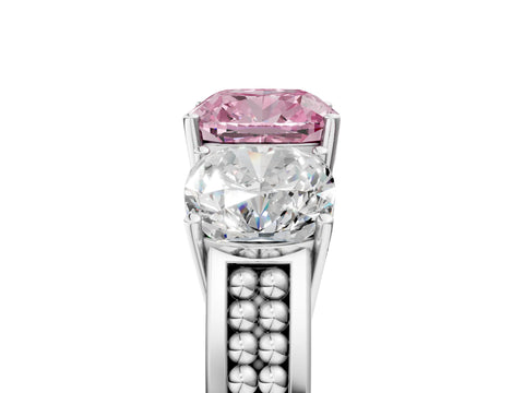 White gold Fancy Pink Cushion Cut Diamond Three-Stone Ring with Prong Setting and Textured Band_17