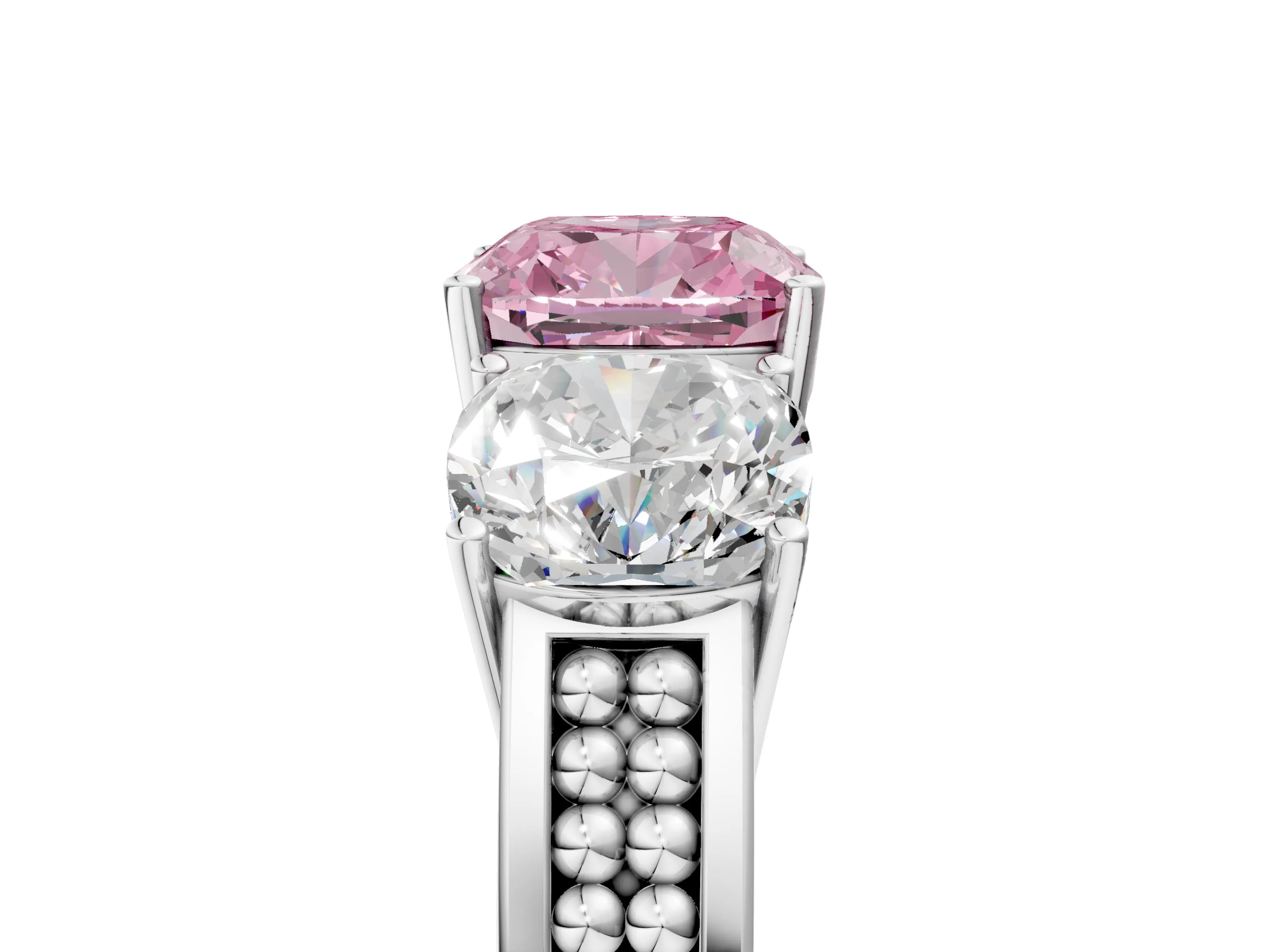 White gold Fancy Pink Cushion Cut Diamond Three-Stone Ring with Prong Setting and Textured Band_17