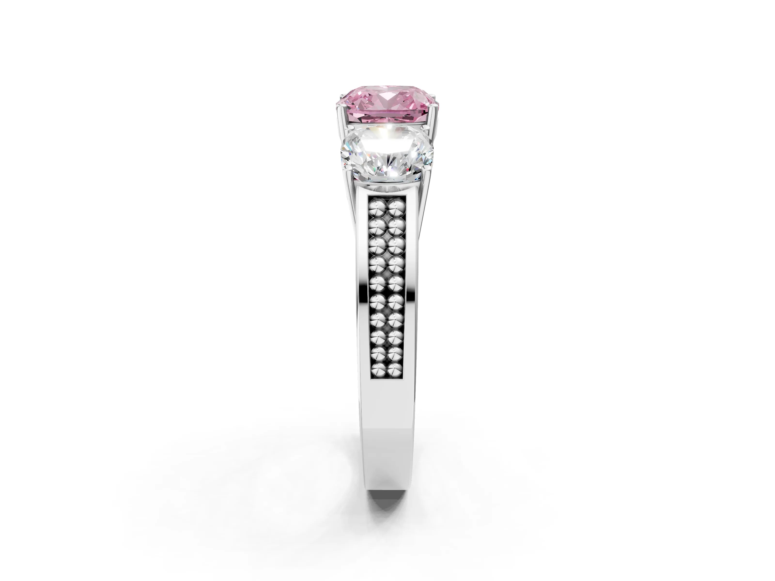 White gold Fancy Pink Cushion Cut Diamond Three-Stone Ring with Prong Setting and Textured Band_2