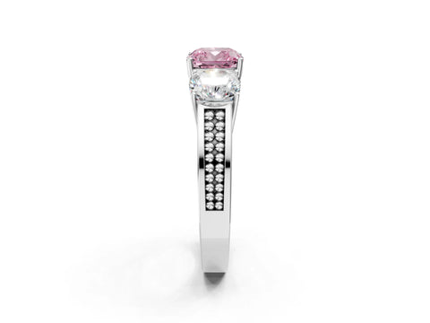 White gold Fancy Pink Cushion Cut Diamond Three-Stone Ring with Prong Setting and Textured Band_2