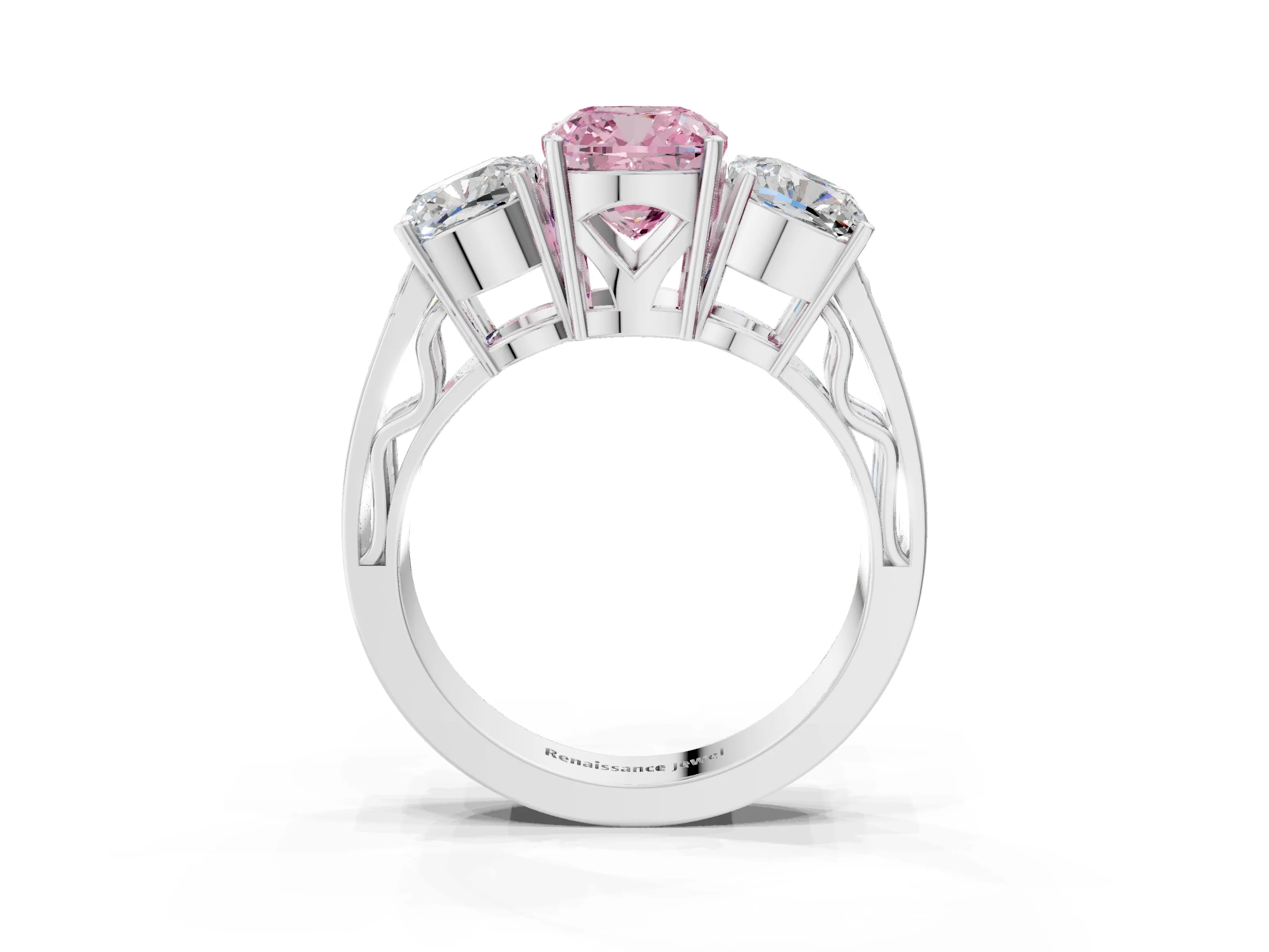 White gold Fancy Pink Cushion Cut Diamond Three-Stone Ring with Prong Setting and Textured Band_3