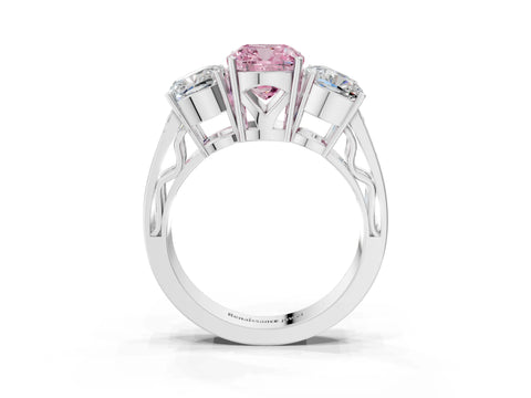 White gold Fancy Pink Cushion Cut Diamond Three-Stone Ring with Prong Setting and Textured Band_3