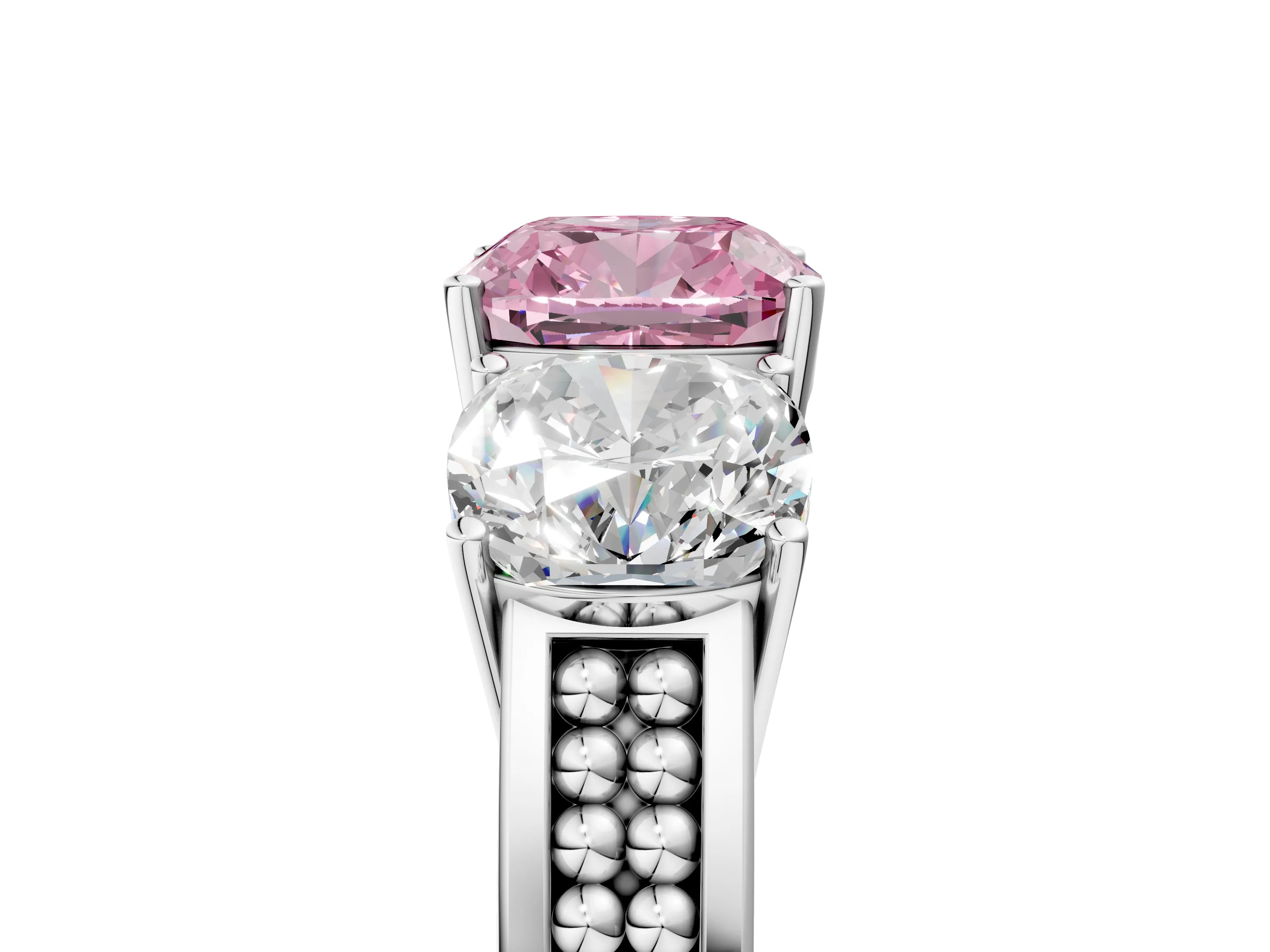 White gold Fancy Pink Cushion Cut Diamond Three-Stone Ring with Prong Setting and Textured Band_5