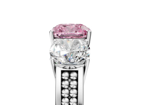 White gold Fancy Pink Cushion Cut Diamond Three-Stone Ring with Prong Setting and Textured Band_5