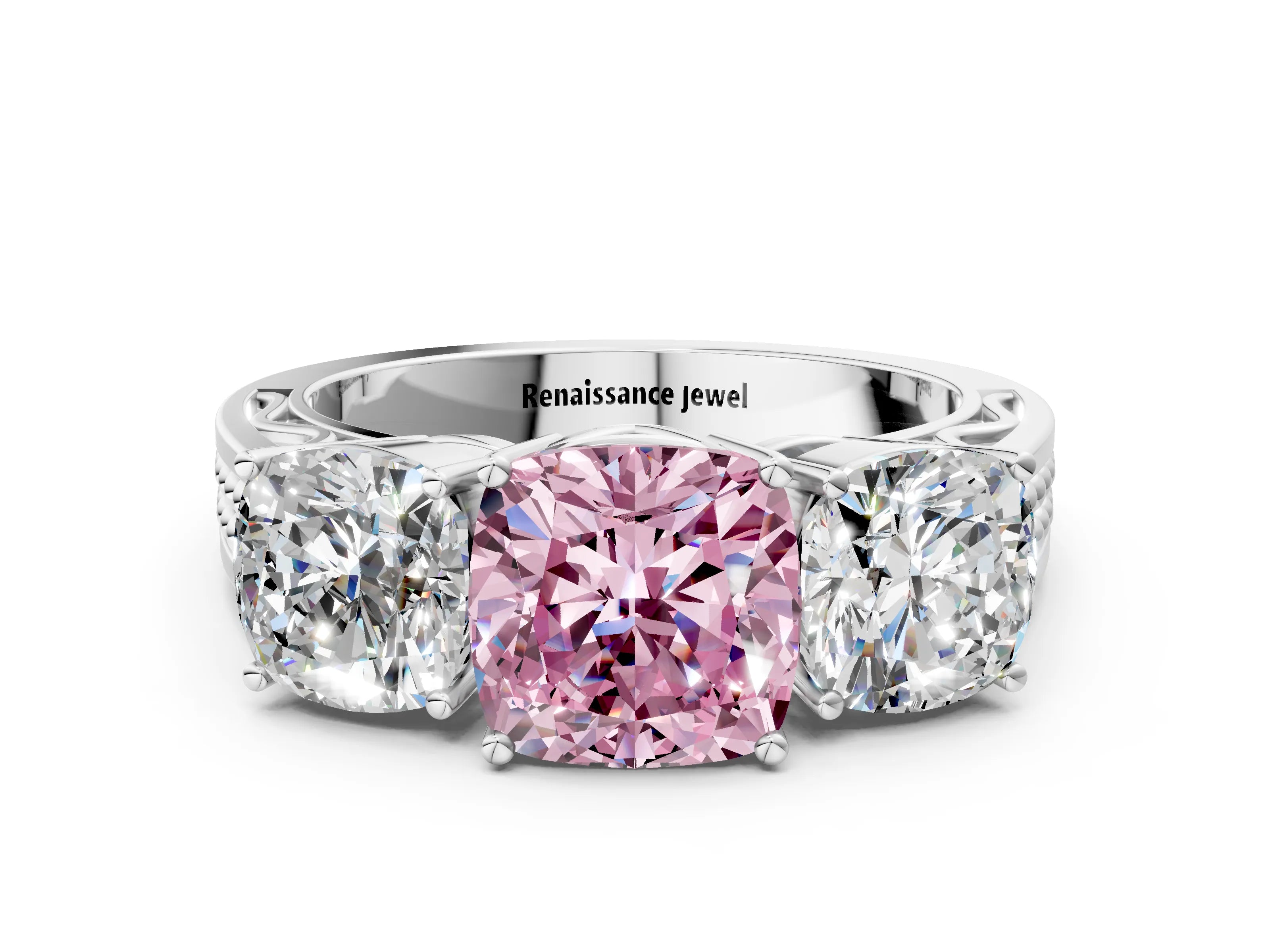 White gold Fancy Pink Cushion Cut Diamond Three-Stone Ring with Prong Setting and Textured Band