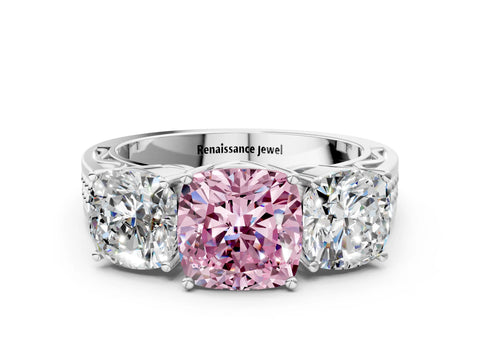 White gold Fancy Pink Cushion Cut Diamond Three-Stone Ring with Prong Setting and Textured Band