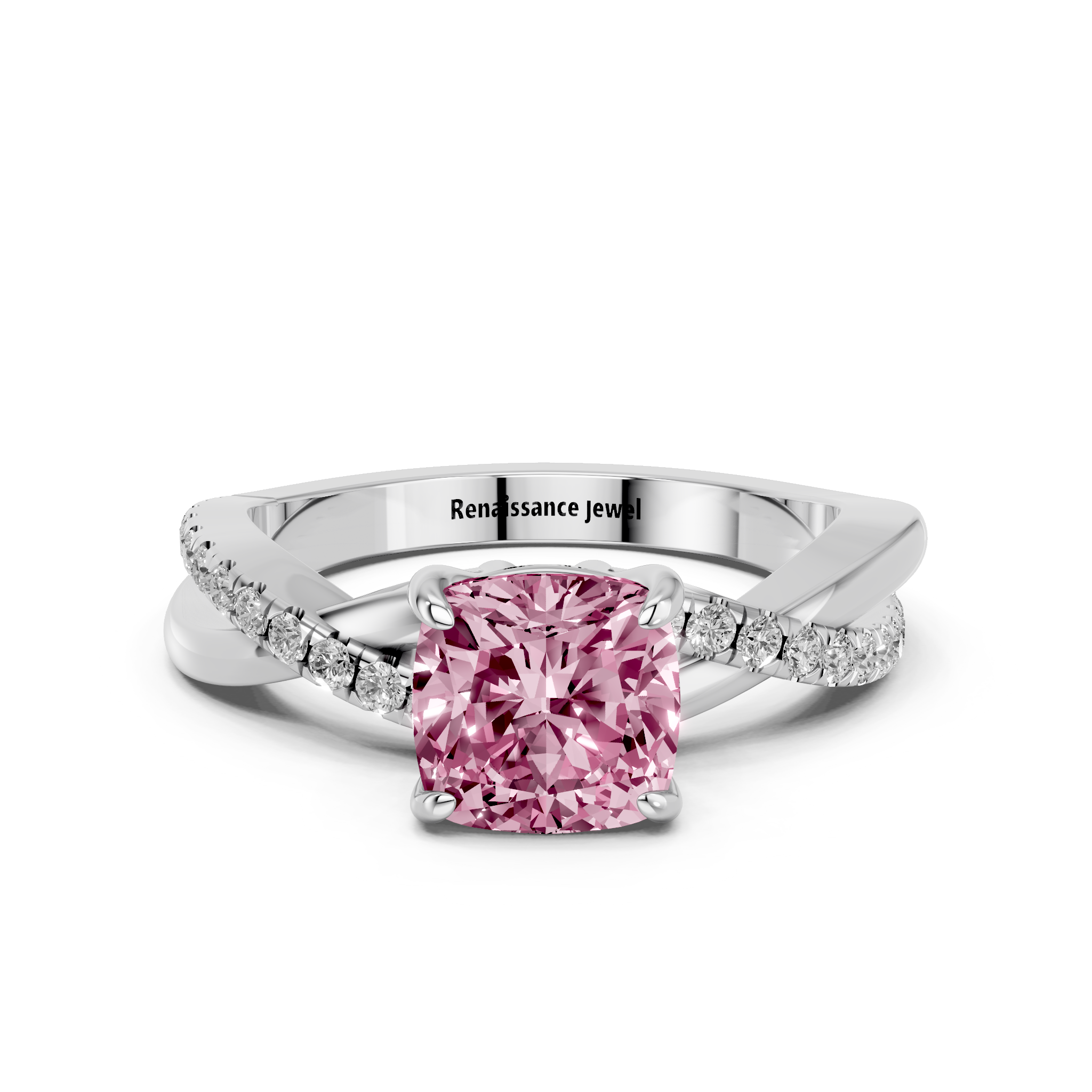 White gold Fancy Pink Cushion  Cut Diamond Twist Band Solitaire with Prong Setting_12
