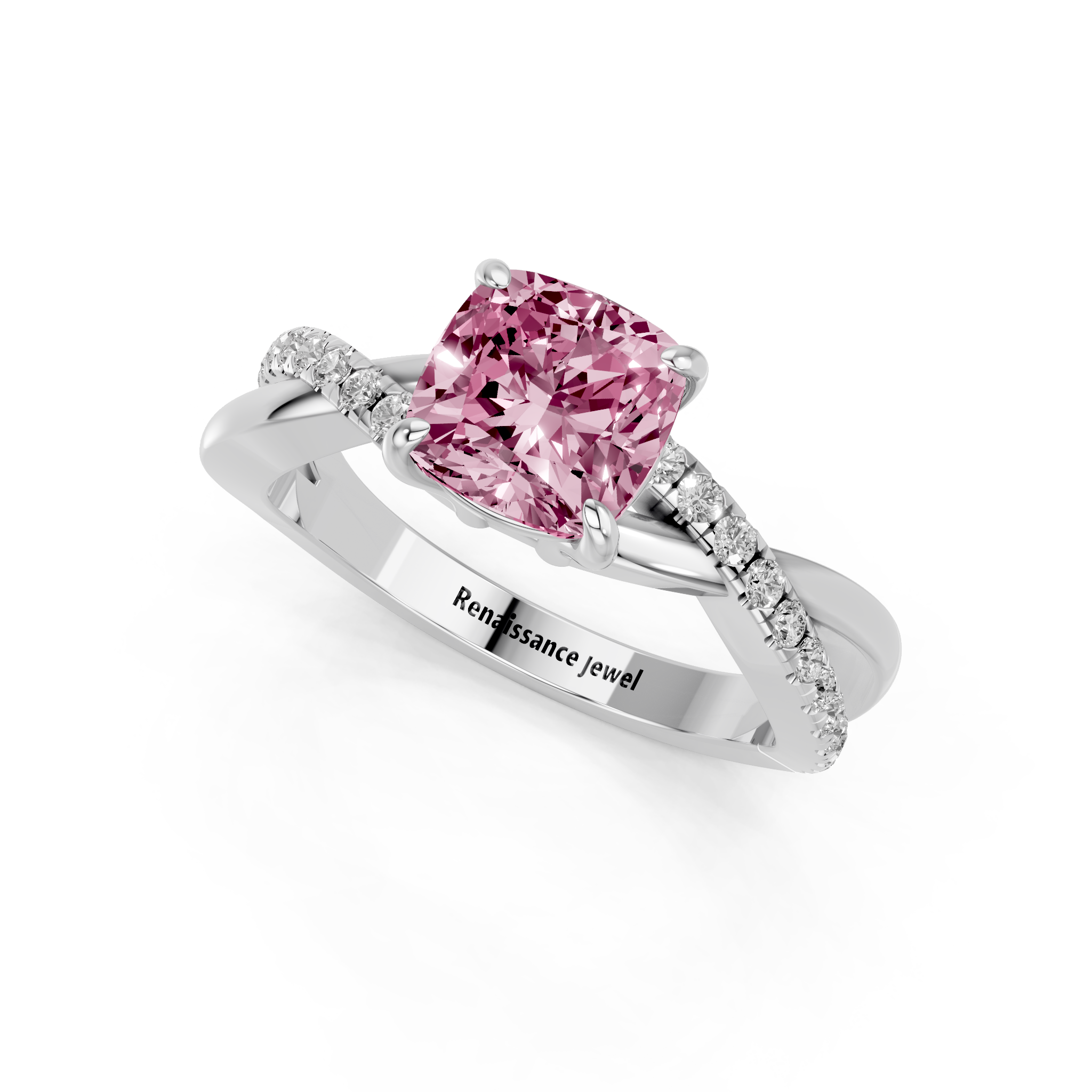 White gold Fancy Pink Cushion  Cut Diamond Twist Band Solitaire with Prong Setting_3