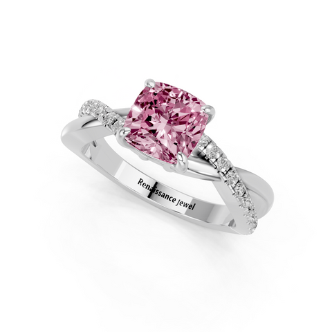 White gold Fancy Pink Cushion  Cut Diamond Twist Band Solitaire with Prong Setting_3