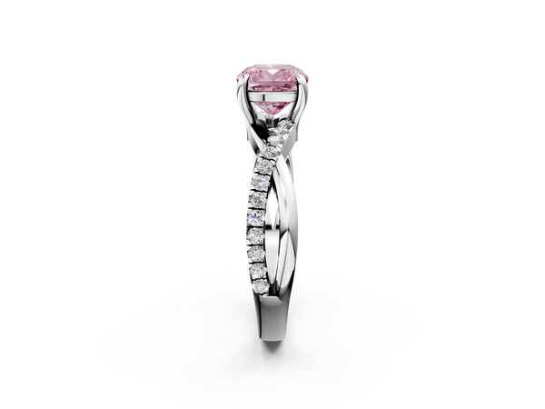 White gold Fancy Pink Cushion  Cut Diamond Twist Band Solitaire with Prong Setting