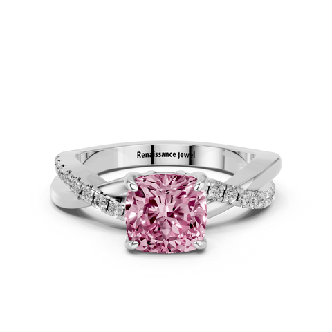 White gold Fancy Pink Cushion  Cut Diamond Twist Band Solitaire with Prong Setting_8