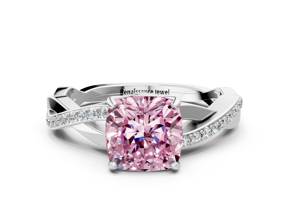 White gold Fancy Pink Cushion  Cut Diamond Twisted Band Engagement Ring with Prong Setting_3