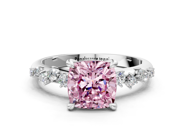 White gold Fancy Pink Cushion  Cut Diamond Vine Band with Four-Prong Setting