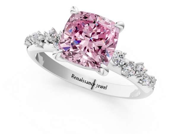 White gold Fancy Pink Cushion  Cut Diamond Vine Band with Four-Prong Setting