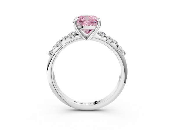 White gold Fancy Pink Cushion  Cut Diamond Vine Band with Four-Prong Setting