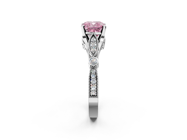 Platinum Fancy Pink Cushion  Cut Diamond with Milgrain Marquise and Bezel Accents on a Solitaire Band with Prong Setting