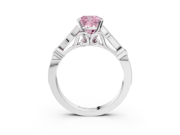 Platinum Fancy Pink Cushion  Cut Diamond with Milgrain Marquise and Bezel Accents on a Solitaire Band with Prong Setting