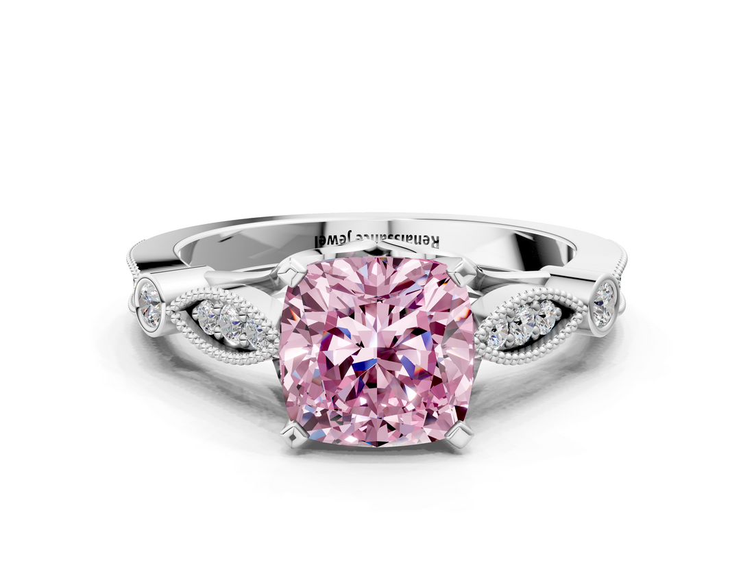 White gold Fancy Pink Cushion  Cut Diamond with Milgrain Marquise and Bezel Accents on a Solitaire Band with Prong Setting_231