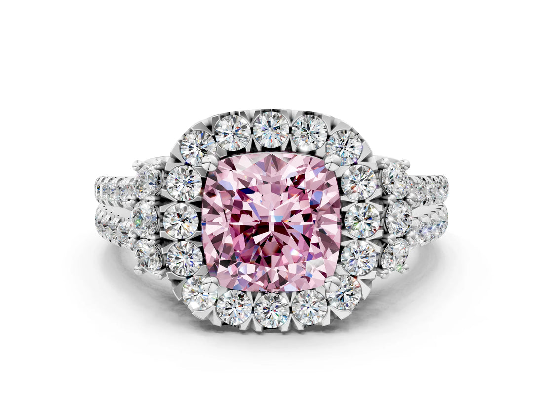 White gold Fancy Pink Cushion  Cut Double Halo Diamond Engagement Ring with Pave Band and Four-Prong Setting_73