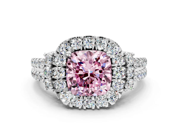 White gold Fancy Pink Cushion  Cut Double Halo Diamond Engagement Ring with Pave Band and Four-Prong Setting