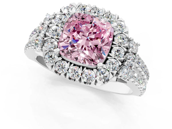White gold Fancy Pink Cushion  Cut Double Halo Diamond Engagement Ring with Pave Band and Four-Prong Setting