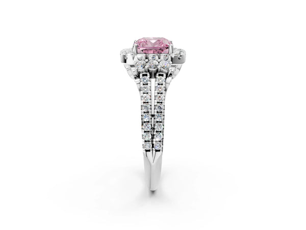 White gold Fancy Pink Cushion  Cut Double Halo Diamond Engagement Ring with Pave Band and Four-Prong Setting