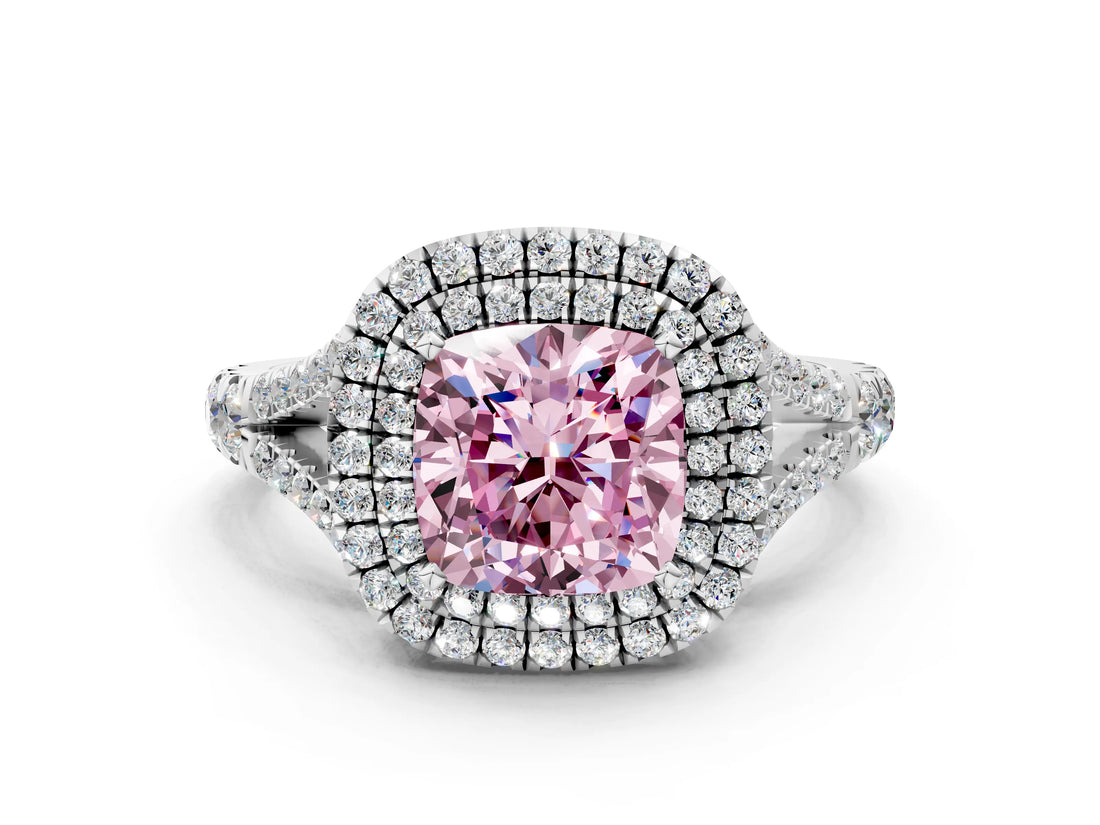 White gold Fancy Pink Cushion  Cut Double Halo Split Shank Diamond Ring with Prong Setting_67