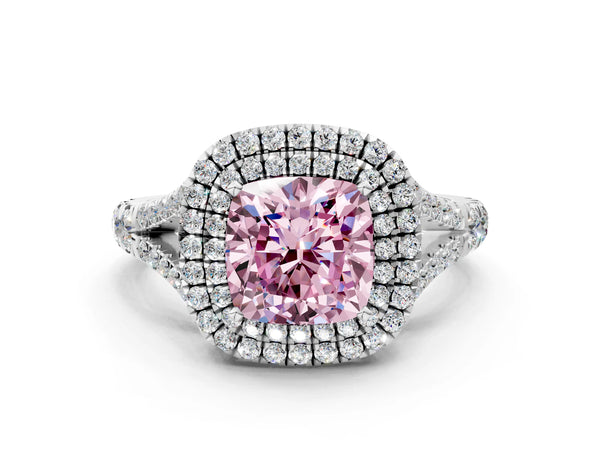 White gold Fancy Pink Cushion  Cut Double Halo Split Shank Diamond Ring with Prong Setting