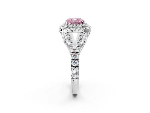 White gold Fancy Pink Cushion  Cut Double Halo Split Shank Diamond Ring with Prong Setting