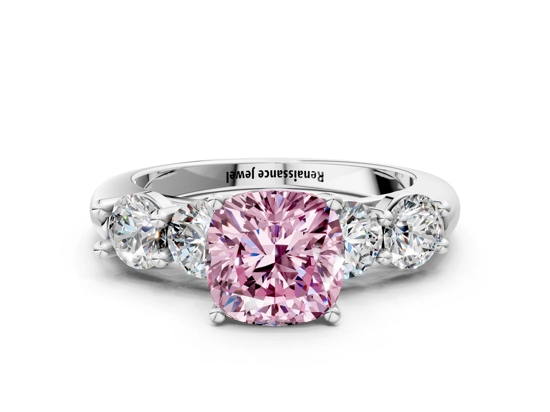 White gold Fancy Pink Cushion  Cut Five-Stone Prong Set Diamond Ring with Classic Band_51