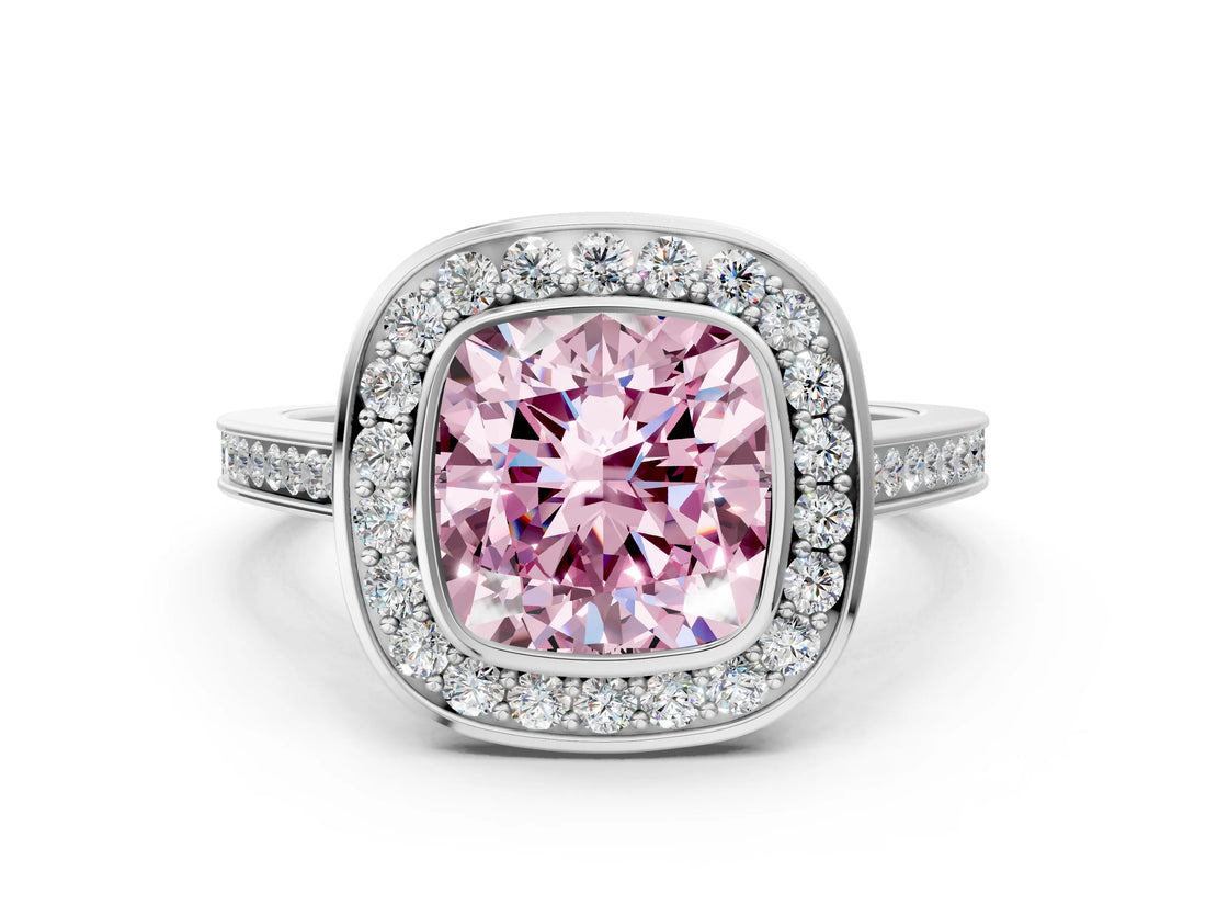 White gold Fancy Pink Cushion Cut Halo Bezel Diamond Pave Band Ring