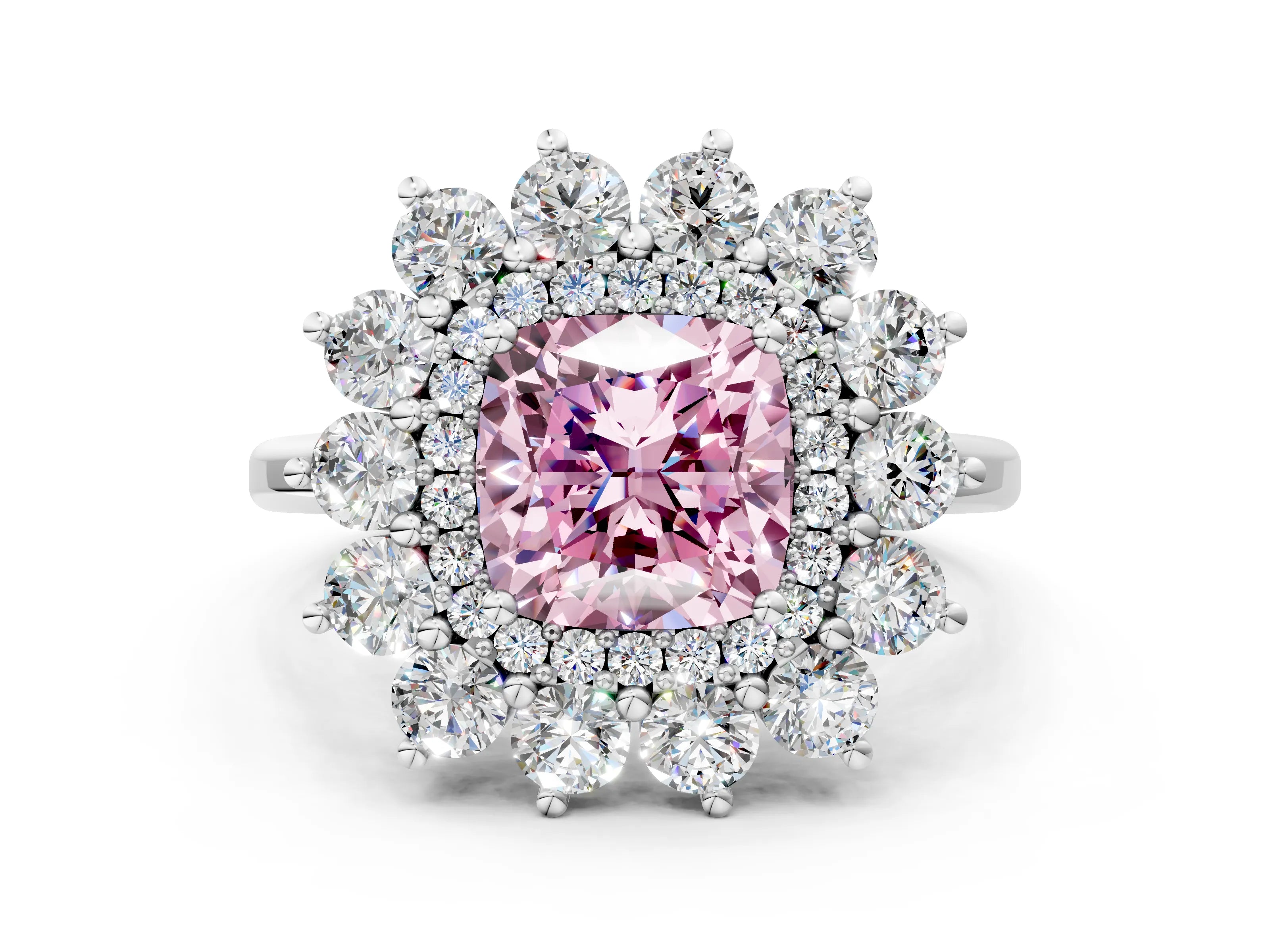 White gold Fancy Pink Cushion Cut Halo Cluster Diamond Ring with Pave Band and Four-Prong Setting_12