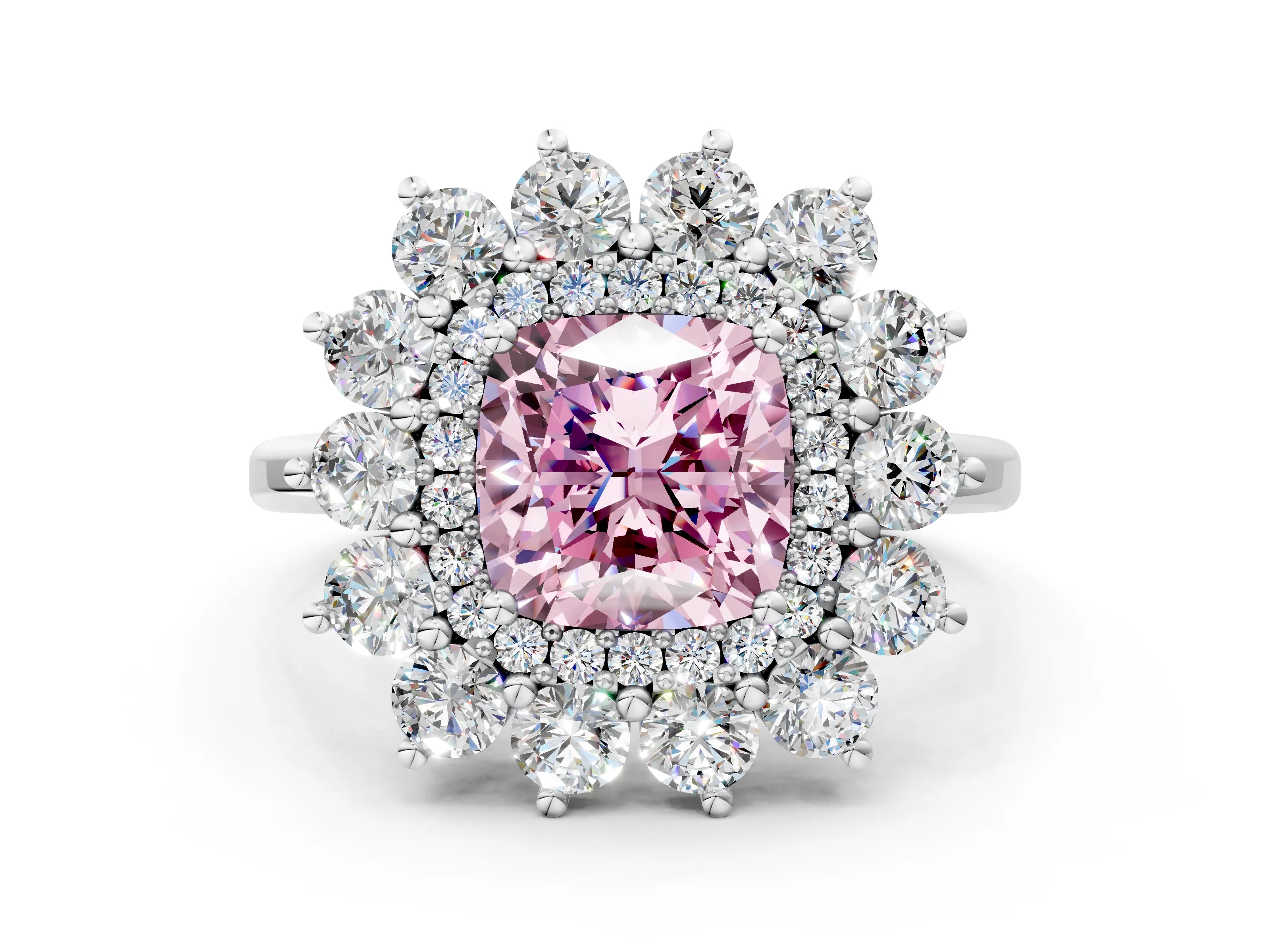 White gold Fancy Pink Cushion Cut Halo Cluster Diamond Ring with Pave Band and Four-Prong Setting_12