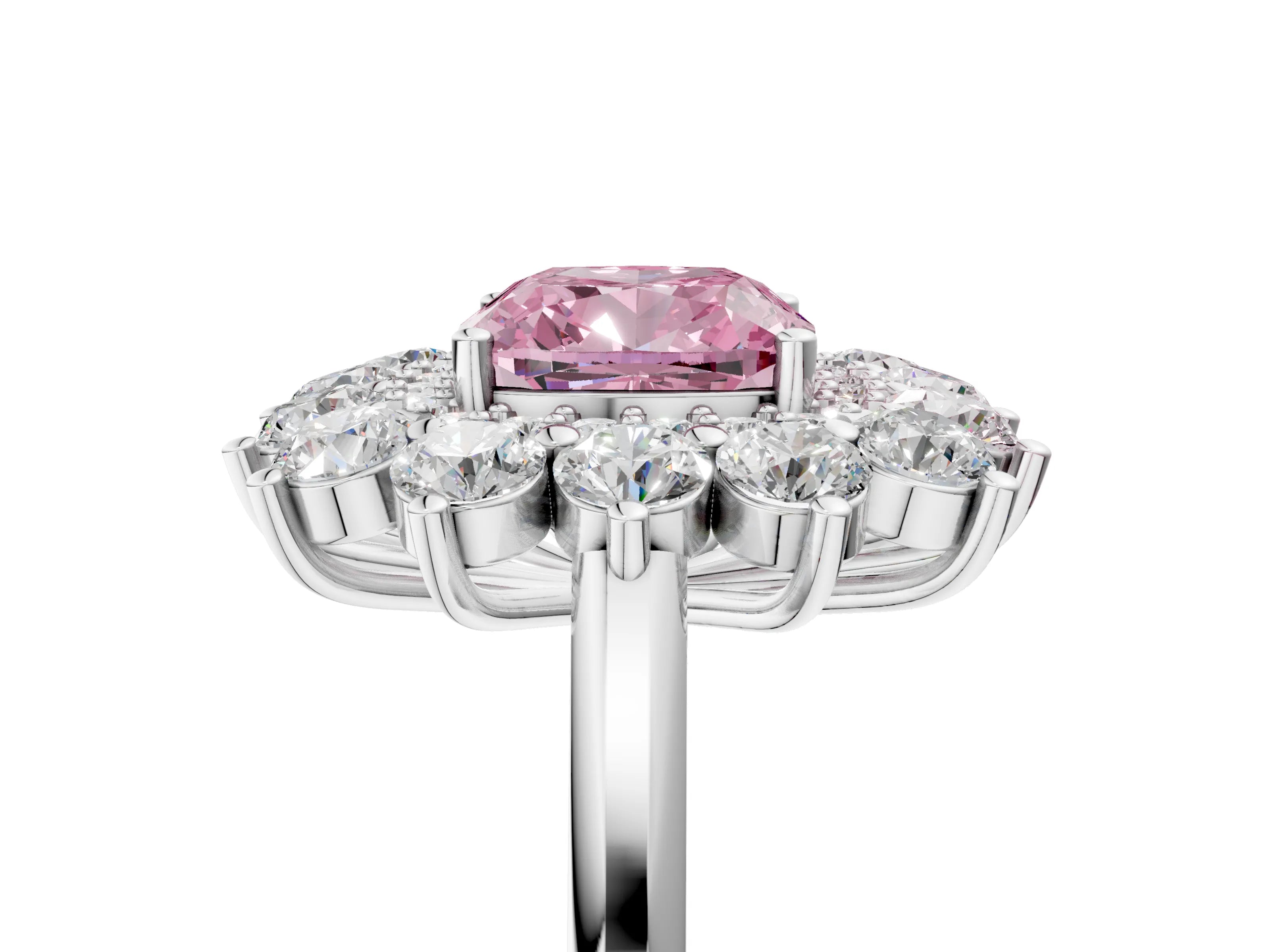 White gold Fancy Pink Cushion Cut Halo Cluster Diamond Ring with Pave Band and Four-Prong Setting_17