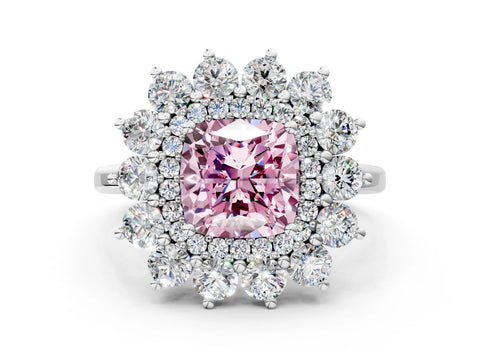 White gold Fancy Pink Cushion Cut Halo Cluster Diamond Ring with Pave Band and Four-Prong Setting_18