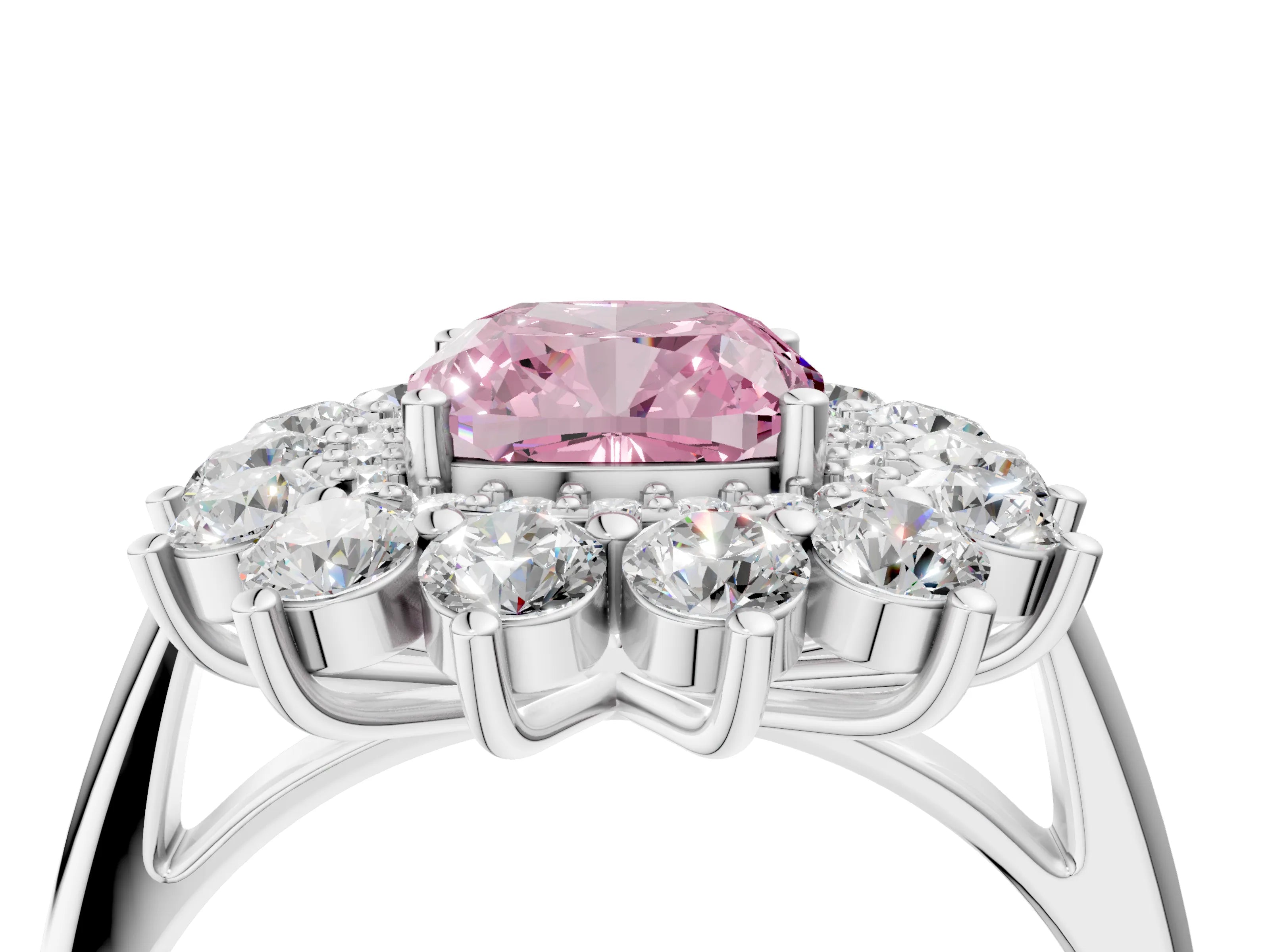 White gold Fancy Pink Cushion Cut Halo Cluster Diamond Ring with Pave Band and Four-Prong Setting_22