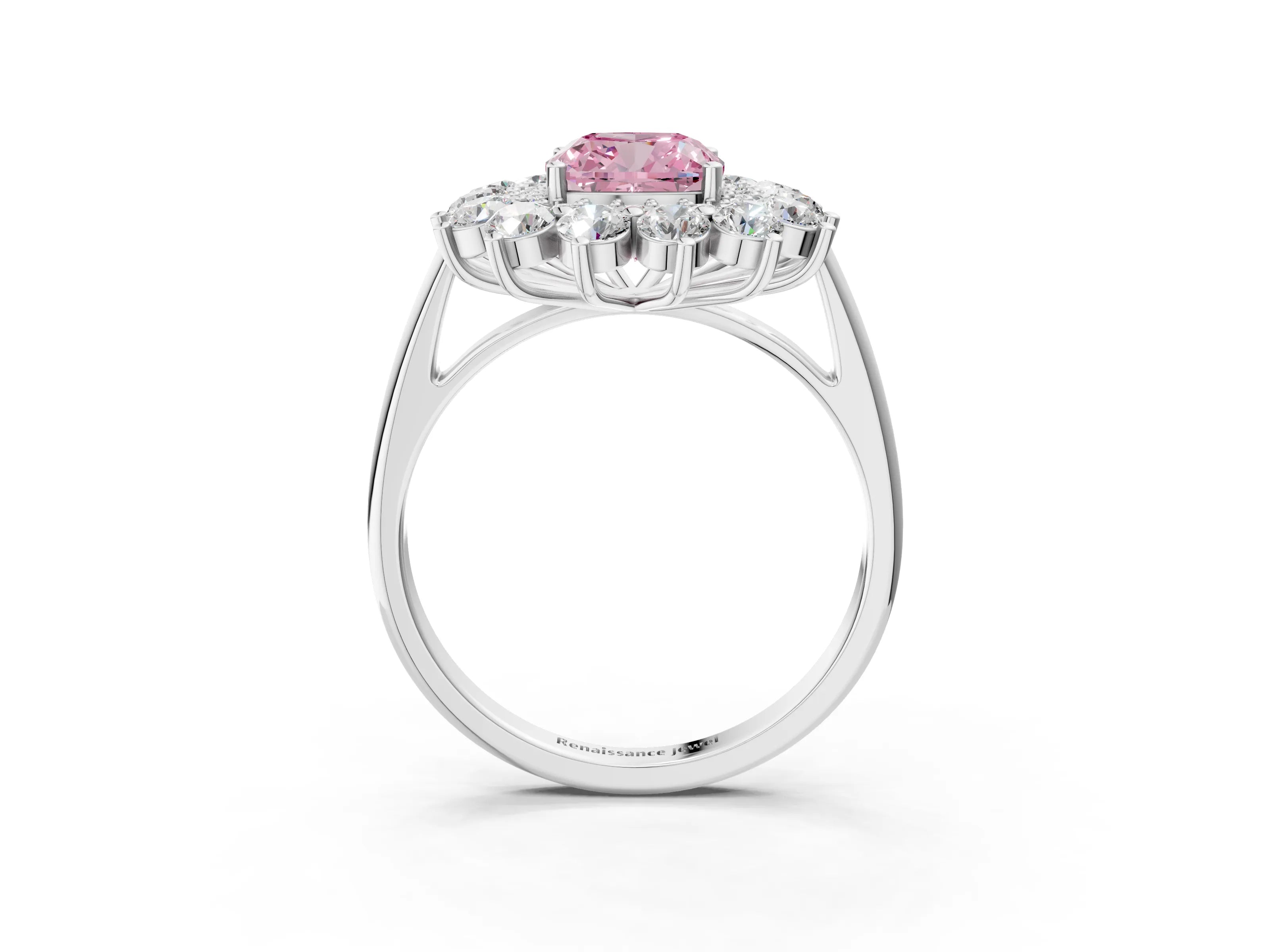 White gold Fancy Pink Cushion Cut Halo Cluster Diamond Ring with Pave Band and Four-Prong Setting_3