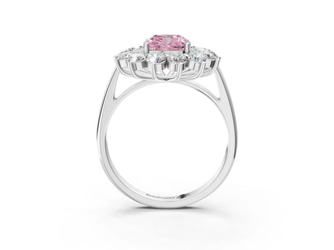 White gold Fancy Pink Cushion Cut Halo Cluster Diamond Ring with Pave Band and Four-Prong Setting_3