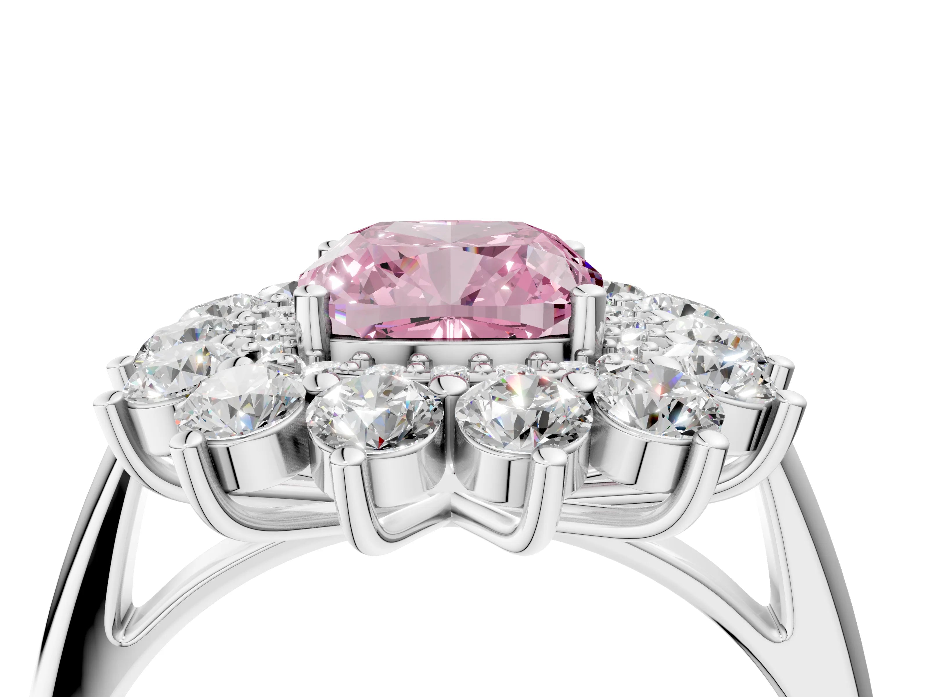 White gold Fancy Pink Cushion Cut Halo Cluster Diamond Ring with Pave Band and Four-Prong Setting_4